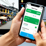 **

A Vietnamese person using a smartphone app to manage their finances. The scene should be modern and bright, showing the ease and accessibility of automated financial services. Maybe include a subtle background showing a traditional Vietnamese market scene blending into a modern cityscape to represent the intersection of old and new finance. Keywords: mobile finance, Vietnam, easy, modern, technology, personal finance app.

**