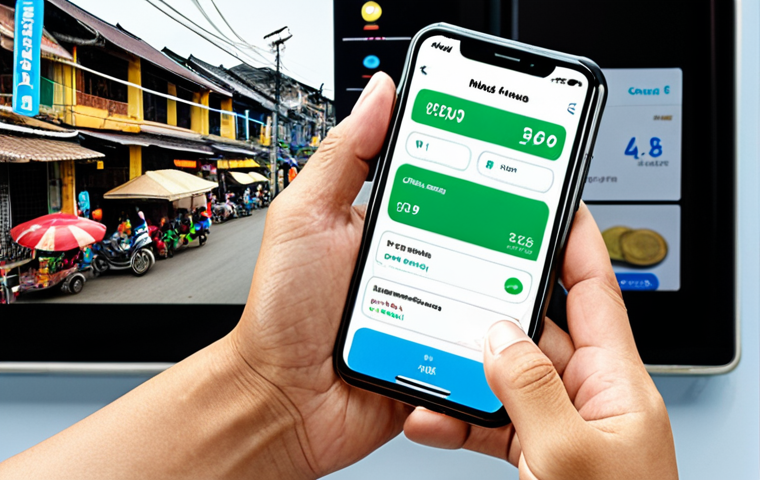 **

A Vietnamese person using a smartphone app to manage their finances. The scene should be modern and bright, showing the ease and accessibility of automated financial services. Maybe include a subtle background showing a traditional Vietnamese market scene blending into a modern cityscape to represent the intersection of old and new finance. Keywords: mobile finance, Vietnam, easy, modern, technology, personal finance app.

**