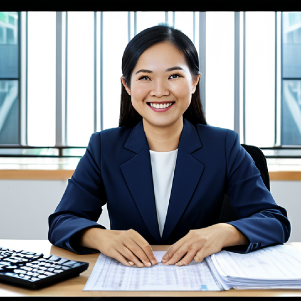 A confident Vietnamese businesswoman in her late 30s, dressed in a modest, professional blazer and slacks, smiling serenely as she sits at a sleek, modern desk in a brightly lit office in Ho Chi Minh City. On her large computer monitor, financial charts and organized digital spreadsheets are clearly visible, indicating seamless financial automation. Her hands are relaxed on the desk, symbolizing freedom from manual tasks and the ease of automated processes. The background shows a clean, minimalist office environment with subtle elements of Vietnamese modern architecture. She embodies relief and efficiency. fully clothed, modest clothing, appropriate attire, professional dress, safe for work, appropriate content, professional, perfect anatomy, correct proportions, natural pose, well-formed hands, proper finger count, natural body proportions, high-quality professional photography, detailed, realistic.