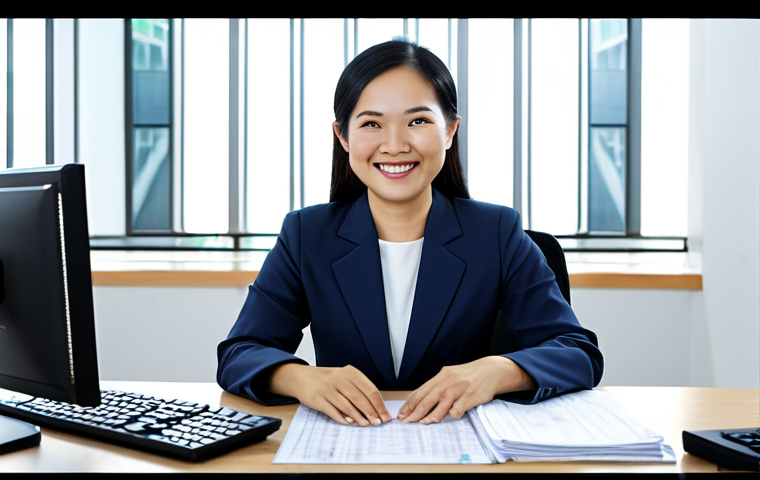 A confident Vietnamese businesswoman in her late 30s, dressed in a modest, professional blazer and slacks, smiling serenely as she sits at a sleek, modern desk in a brightly lit office in Ho Chi Minh City. On her large computer monitor, financial charts and organized digital spreadsheets are clearly visible, indicating seamless financial automation. Her hands are relaxed on the desk, symbolizing freedom from manual tasks and the ease of automated processes. The background shows a clean, minimalist office environment with subtle elements of Vietnamese modern architecture. She embodies relief and efficiency. fully clothed, modest clothing, appropriate attire, professional dress, safe for work, appropriate content, professional, perfect anatomy, correct proportions, natural pose, well-formed hands, proper finger count, natural body proportions, high-quality professional photography, detailed, realistic.