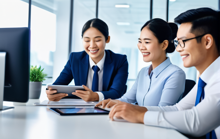 금융 자동화 도입 후 변화 관리 방법 - **Prompt:** A diverse group of Vietnamese financial professionals in a modern, well-lit office. An e...