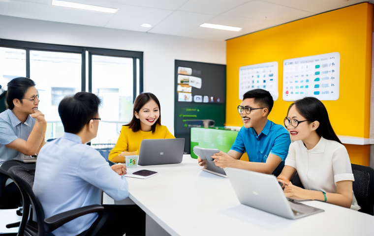 금융 자동화 도입 후 변화 관리 방법 - **Prompt:** A diverse group of Vietnamese financial professionals in a modern, well-lit office. An e...