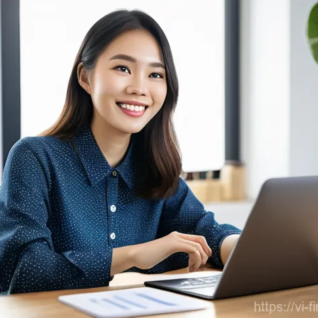 금융 자동화와 고객 반응 분석 - **Prompt:** A cheerful young Vietnamese woman, approximately 28-35 years old, is sitting comfortably...