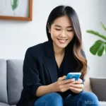 개인 재무 관리 자동화 방법 - **Prompt:** A young Vietnamese woman in her late 20s, with a gentle smile, sits comfortably in a bri...