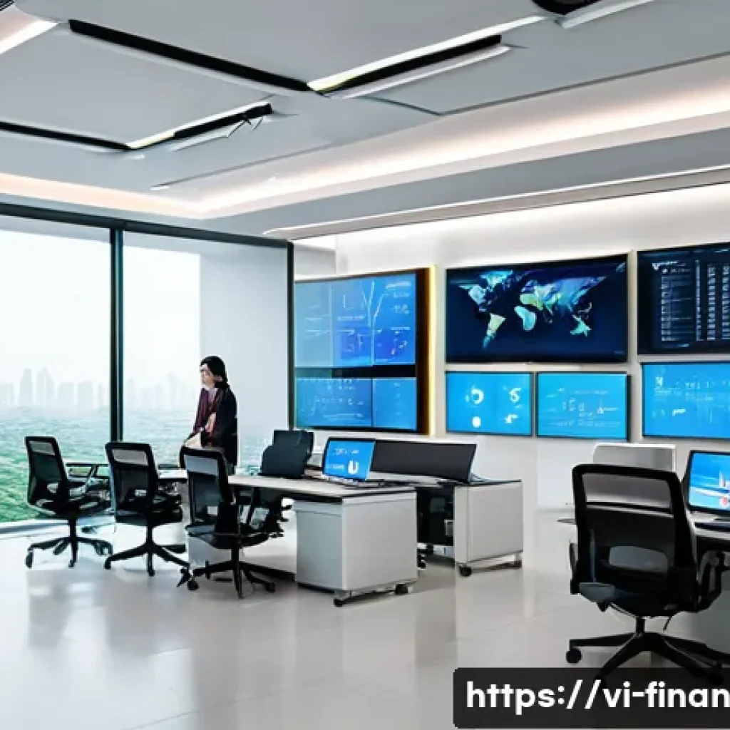 금융 서비스의 자동화 구축 전략 - A modern Vietnamese financial office environment showcasing automation technology integration: diver...