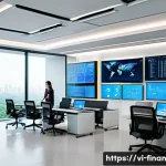 금융 서비스의 자동화 구축 전략 - A modern Vietnamese financial office environment showcasing automation technology integration: diver...
