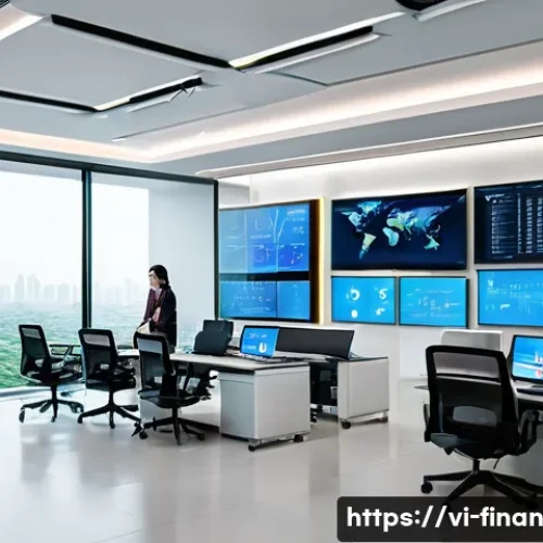 금융 서비스의 자동화 구축 전략 - A modern Vietnamese financial office environment showcasing automation technology integration: diver...
