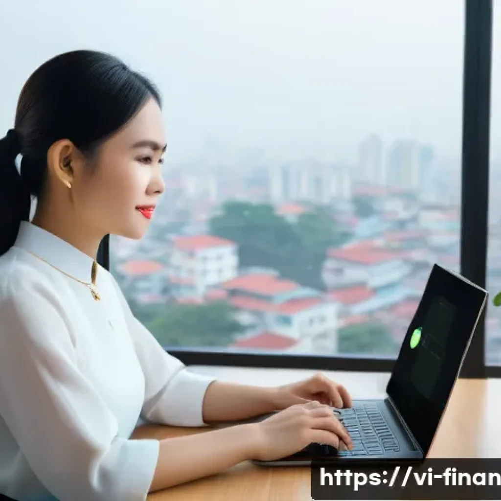 금융 자동화 도구 선택 시 고려해야 할 요소 - A modern Vietnamese office setting showing a young professional woman using a financial automation s...