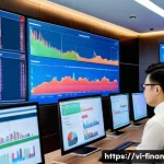 Home 22 금융 자동화의 성과를 측정하는 KPI - A modern Vietnamese financial office environment showing a diverse team of professionals analyzing d...