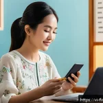 Home 19 금융 자동화 도구의 사용자 경험 비교 - A vibrant Vietnamese home office scene showing a young adult woman comfortably using a smartphone an...