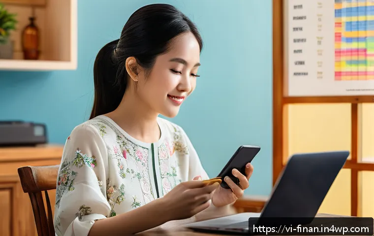 금융 자동화 도구의 사용자 경험 비교 - A vibrant Vietnamese home office scene showing a young adult woman comfortably using a smartphone an...