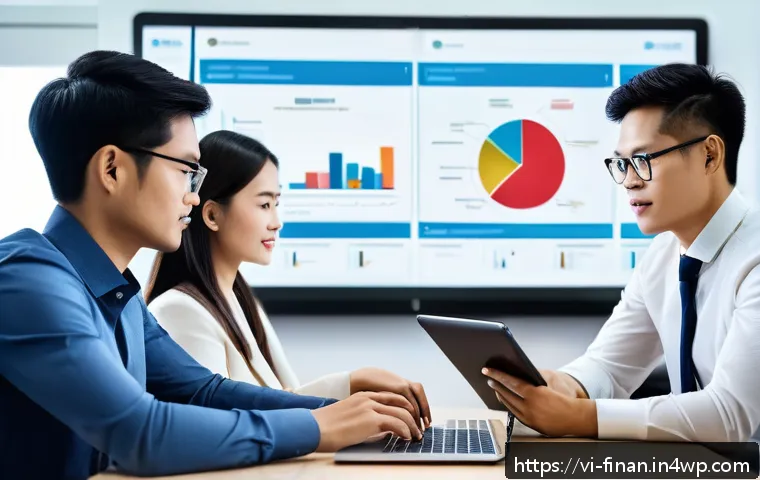 금융 자동화와 전자 문서 관리 시스템 - A modern Vietnamese office environment showing a diverse group of professionals using automated fina...