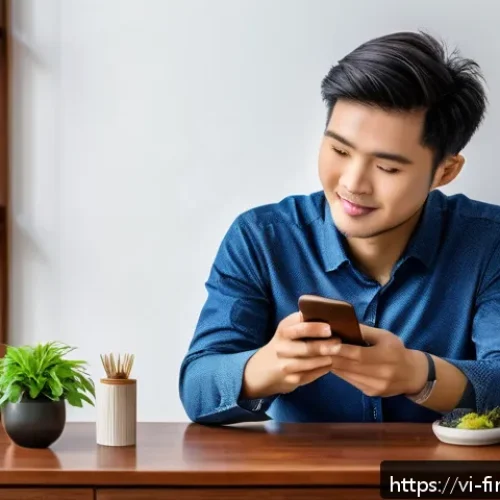Home 17 금융 자동화의 고객 맞춤형 서비스 제공 - A modern Vietnamese young professional using a sleek smartphone app for personal finance management,...